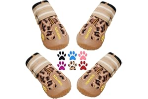QUMY Dog Shoes for Large Dog, Medium Dogs Boots & Paw Protectors for Winter Snow Day, Summer Hot Pavement, Waterproof in Rain Weather, Outdoor Walking, Indoor Hardfloors Anti Slip Sole Leopard Size 3