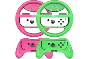 COODIO Switch Joy-Con Wheel and Grip, Switch Racing Wheel, Joy-Con Hand Grip Case For Mario Kart Game / Nintendo Switch / Switch OLED, Neon Green / Neon Pink (Deluxe 4 Packs)