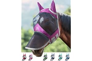 Harrison Howard CareMaster Pro Luminous Horse Fly Mask Large Eye Space Long Nose with Ears UV Protection for Horse Flamingo M