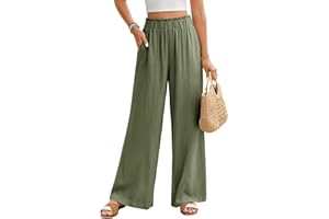 Niwicee Pantalon Femme Pantalon Lin Femme Été Décontractés Pantalon Palazzo Coupe Droite Ample Elastique Taille Haute Pantalon Solide Casual Jambes Larges Pantalons avec Poches