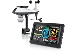Brandson - station météo radio réveil avec capteur extérieur 5en1, weather station, prévisions météorologiques, anémomètre, pluviomètre, thermomètre, hygromètre, baromètre, heure DST, panneau solaire