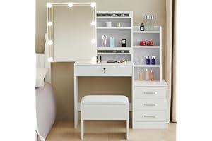 AINPECCA White Dressing Table with Led Lights Mirror Vanity Make Up Desk with Stool 4 Drawers and 3 Shelves Storage,Sliding Mirror,Children'S Girls Kids Dressing Table Makeup Bedroom Furniture Set