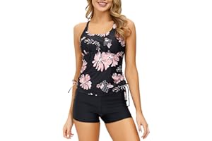 JASAMBAC Women's Strappy Tankini Swimsuits Drawstring Bathing Suits Two Piece Floral Print Swimwear with Shorts