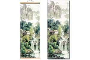 HELWEET Peinture Chinoise à Suspendre, Peintures Murales Asiatiques, Peinture sur Rouleau Asiatique, Décoration Murale Chinoise, Paysage Peinture, Motif Cascade, Beau Art Chinois à Suspendre, 25 x 80cm