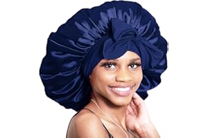 BONNET QUEEN Satin Hair Bonnet for Sleeping Silk Head Cover with Tie Band Hair Wrap Silk Sleep Cap for Curly Long Braid Tresse, Dark Navy Blue