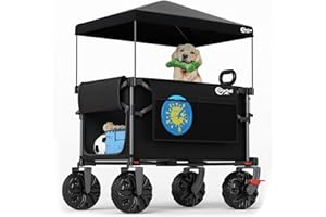 ‎PORTAL PORTAL Bollerwagen faltbar mit Dach 350L 122KG Klappwagen Handwagen klappbar schnellspannere breite Reifen mit Getränkehalter Sonnenschutz für Ausflug Strand Camping Einkaufen