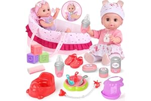 YOOHBERRYS Puppenset Kinder Spielzeug, 30cm Babypuppe Spielset, Spielpuppe Puppe mit Kleidung und Zubehör, Puppenbett, Puppentrage, Schnuller, Töpfchen, Flasche, Weihnachten Geburtstag Geschenk