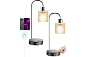 HESENDOT Touch Bedside Lamps Set of 2,Fully Dimmable Edison Industrial Table Lamps with 2 USB Charging Port,Black Minimalist Desk Lamp for Reading Bedroom Living Room Office,Frosted Lampshade,Bulbs Included