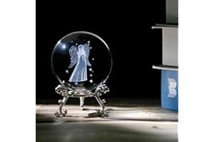 VSKIKRIS Crystal Angel Figurine Gift - Decorative Crystal Glass Sphere for Table Decor - 3D Laser Engraved Angel Crystal Ball Paperweight with Silver Stand - 2.36in