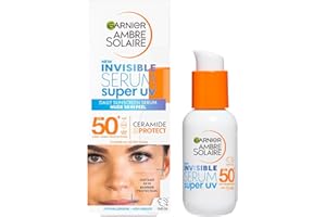Garnier Sérum SPF 50+, protection UVA et UVB, pour tous types de peaux, avec Ceramid Protect, convient pour un usage quotidien, Ambre Solaire Invisible Super UV, 30 ml