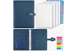 OMEYA PU Leather A5 Ring Binder Notebook, 6 Ring Binder with 200 Sheets Refill Papers, Planner Notebook with Dividers, Gifts for Women and Men, Refillable Notebook for Office, School and Travel (Deep Blue)