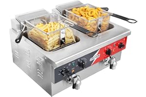 Friggitrice elettrica CROSSON con due serbatoi, scarico, cestello fisso e coperchio per ristorante e domestico Friggitrice commerciale in acciaio inossidabile 230V, 6000W (EF 6V-2)