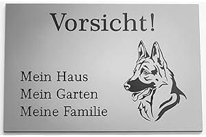 BIGTREND24 Warning Sign Caution German Shepherd Dog Sign House Garden Family Silver (15 x 10 cm 4 Holes Corner)