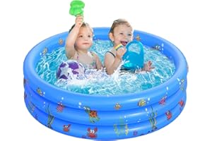 SHOKAN Planschbecken für Kinder, aufblasbares Baby-Schwimmbad, 3-Ring-Planschbecken mit aufblasbarem Sicherheits-Blasen-Boden, kleine Planschbecken für Kleinkinder, Gärten, Hinterhof, blau, 100 x 27 cm