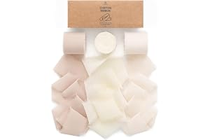Vitalizart Ruban en Mousseline de Soie Nude & Blanc, Fait Main avec Franges, Total 3,8 cm x 19,2 m, Ruban Effiloché pour Invitations de Mariage, Bouquets de Mariée, Cadeaux Emballages, Bricolage