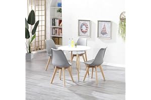 GrandCA HOME Esszimmer-Set mit rundem Küchentisch und 4 Esszimmerstühlen, für Küche, Esszimmer und Büro, weißer Esstisch und graue Stühle