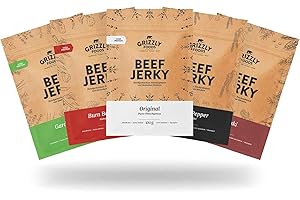‎GRIZZLY FOODS Grizzly Foods • Beef Jerky Tasting Pack with 5 Varieties (5 x 100g) • Dried Meat of German Cattle • High Protein Snack • Ideal for On the Go, Office, Sports