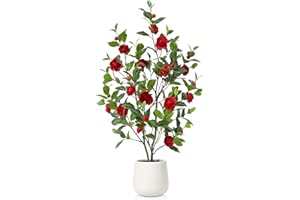 Fopamtri Albero di Camelia Artificiale da 120 cm Piante Finte da Interno con 30 fiori, Camelia Artificiale con in Vaso Bianco, Realistici per Interni Decorazione (Rosso)