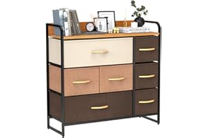 RCYNVIEW Comoda Dormitorio Cajonera de Tela con 7 Cajones, Comodas y Cajoneras Dormitorio Salón con Parte Superior de Madera, Sinfonier Dormitorio Alto para Armarios, Pasillo, 80x29x78 cm, Rosa-Marrón-Beige