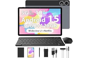 WOREGOO 10 pollici Tablet Android 15, Tablet in Offerta 36G RAM+128G ROM, 5G WiFi, Octa-Core, Widevine L1/8000mAh/1280x800 HD/5MP+8MP fotocamera con tastiera/mouse/caso, Grigio