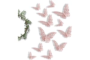 Rowwait 12pcs 3D Butterfly Wall Stickers, Art Decor Crafts, Decals, 3 Sizes Butterflies for Kids Bedroom Classroom Wedding Cakes DIY Gift(Rose Gold)