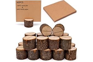 BLLREMIPSUR 20 Stück Tischkartenhalter Rustikale Echtholz-Basis Rustikales Echtholz mit Holzrinde, Nummernfotoständer Platzkarten, Namensschilder Memokartenhalter für Hochzeitsfeier (20 Halter + 20 Kraftpapier)