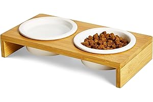 PETLINUS Gamelle Chat Surélevée Double - Gamelle Chat Céramique avec Support en Bois - Gamelle Chiot, Gamelle Chien Petit ou Bol Chat, Mangeoirs et Abreuvoirs - Bambou
