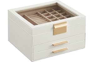 ‎SONGMICS SONGMICS Schmuckkästchen, Schmuckkasten mit 3 Ebenen, Schmuckbox mit Glasdeckel, 2 Schubladen, Schmuckaufbewahrung, viel Stauraum, modern, Geschenk für Ihre Liebsten, wolkenweiß-golden JBC239WT