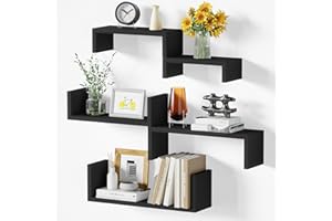 SRIWATANA Black Floating Wall Shelves Set of 5, Wooden Shelves for Wall Decor, Display Shelves Book Shelf for Living room, Kitchen, Bathroom, Bedroom Wall Mounted