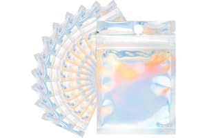 jijAcraft 10.5 x 15 CM Klein Mylar Beutel, Zip Beutel Geschenk, 100 Stück Holografische Folienbeutel mit Verschluss, Mylar Druckverschlussbeutel mit Fenster für Schmuck, Geschenk