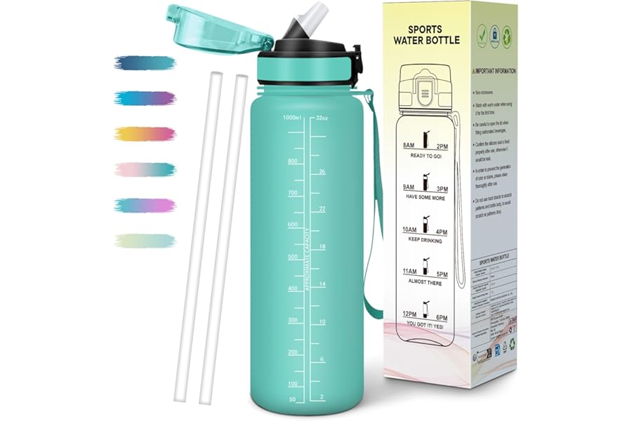 Mulbijeo 1 Litre Water Bottle, Libre de BPA & Reutilizables Water Bottles with Straw, Leakproof, Motivational Water Bottle, Portable, Gym Water Bottles for School, Gym, Office, Party