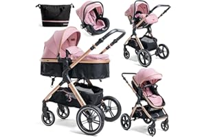 BEBELISSIMO - Poussette combinée trio 3 en 1 - siège auto 0m – nacelle – dès la naissance – jusqu’à 22kg – Premium - rose