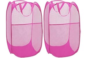 WD&CD Panier à Linge [Lot de 2] Corbeilles à Linge Pliable Pop Up en Maille Filet Sac à Linge Panier à Linge Pliable avec Manipuler, Rose Rouge