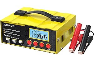 AUTOUTLET 12/24V Cargador de Batería de Coche Cargador de Batería de Automóvil Inteligente Baterías de Litio, LifePO4, AGM, Ideales para Coches, Motos, Powersports, Náutica y Más