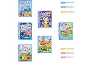 HETING-YQ 6 Piezas Libro de Dibujo de Agua Mágica Reutilizable Libro para Colorear de Agua con Magico Pluma, Libros para Colorear de Agua para Niños Pequeños Edades 3 Años +