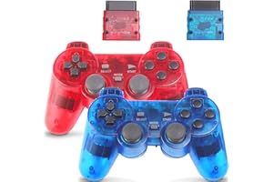 GBCON Wireless Controller for PS2 Dual Shock, Gamepad Remote Compatible with Playstation 2 (Clear Red and Clear Blue)
