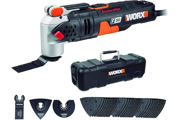 WORX Outil Multifonctions Sonicrafter F50 450W WX681, Pour Couper, Polir, Poncer, Gratter, Enlever, Multimatériaux, Accessoires universels, Livré Avec Coffret de Rangement et 39 Acessoires