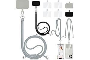 AULESE 2 x Uniwersalny łańcuszek na telefon komórkowy, uniseks, regulowany pasek na telefon komórkowy do zawieszenia, z 6 podkładkami, kompatybilny ze wszystkimi smartfonami (czarny + jasnoszary)