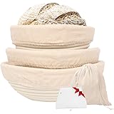 Gesentur Gärkörbchen rund, 3 Gärkörb für Brot Backen, Natürlichem Peddigrohr (rund | 20, 22, 25cm) mit Leineneinsatz, Teigsch
