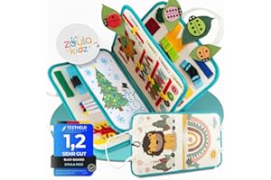 zoula kidz® Montessori Busy Board deutsch - Activity Board & Quiet Book mit 6 Seiten - sicheres & schadstofffreies Busy Book - ideales Kleinkind Spielzeug & Motorikspielzeug aus weichem Filz (Löwe)