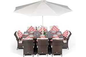 GIARDINO Arizona Luxury Rattan Dining Set | Rectangle 8 Seater Brown Rattan Dining Set | Outdoor Poly Rattan Garden Table & Chairs Set | Wicker Garden Dining Furniture Set + Parasol & Cover