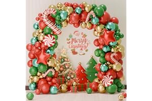 NETNOLOGY Kit Arco Palloncini Natalizi, 151pcs Ghirlanda Palloncini Natale Rosso Verde Oro con Palloncini Foil Bastoncino Di Zucchero Stella Caramella, Decorazione Natale Rosso Verde per Festa Natale Capodanno