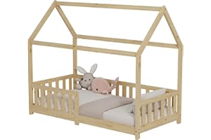 ecomi® Łóżko dziecięce z zabezpieczeniem przed wypadnięciem i stelażem, 90 x 200 cm, 80 x 160 cm, kolor biały/naturalny, dla dzieci, 90 x 200 cm, 80 x 160 cm, białe/naturalne (naturalne, 80 x 160 cm)