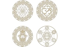 WALARKY 12" Meditation Accessories Wooden Wall Art 4 Pieces Sacred Geometry Seven Chakras Artwork Crystal Grid Board Flower of Life Hamsa Hand Sri Yantra Union Sun Moon Home Decor for Yoga Spiritual Gifts