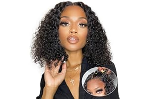TUNFINE 14 Pouces Perruque Femme Naturelle Bouclée Brésilien,4x4 Glueless Bob Wig Human Hair Perruque Curly Femme Courte Precut Lace With 180% Density Lace Wig Human Hair(35cm)