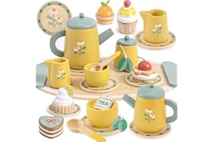 ATOYLINK Wooden Tea Set for Toddlers Daisy Tea Party Set with Tray Teapot Cups Play Food Dessert Wooden Toys Kitchen Accessories Afternoon Tea Role Play Birthday Gifts for 2 3 4 5 6+ Years Old Girls Boys Kids