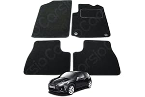 Carsio Carpet Car Mats For Citroen DS3 / DS DS3 2009 to 2018 4 Piece Set with 4 Clips Tailored Fit Floor Mat Complete Accessory Black Custom Fitted - All Weather, Anti-Slip Backing & Black Trim