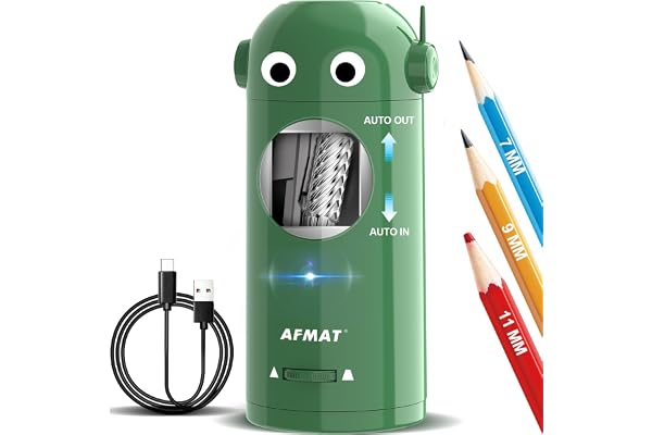 Taille-crayon électrique pour crayons de couleur de 7 à 11,5 mm - Entièrement automatique, rechargeable, mains libres - Fonctionne avec piles - Vert