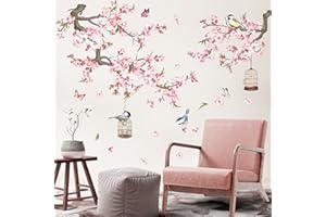 wondever Cherry Blossom Flowers Wall Stickers Pink Floral Branch Birdcage Peel and Stick Wall Art Decals for Living Room Bedroom TV Wall