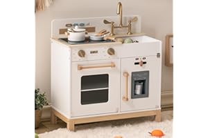 Robotime Children's Wooden Kitchen for Girls and Boys from 3 Years, Role Play Cooking Set with Lights and Sounds, Stove, Ice Cube Machine and Cutlery, Gift for Children 3-8 Years (Cream)